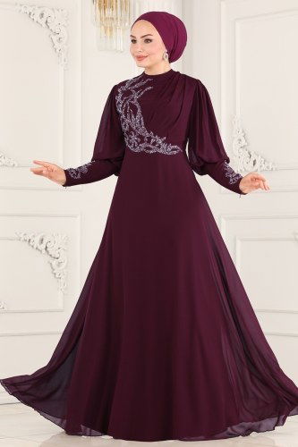 moda selvim 52867ALM181 ارجواني فساتين سهره - Thumbnail