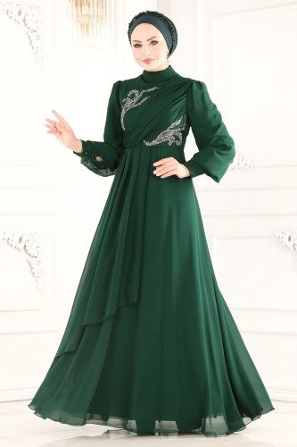 moda selvim 52868ALM181 الزيتي فساتين سهره - Thumbnail