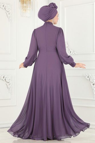 moda selvim 52868ALM181 ارجواني فاتح فساتين سهره - Thumbnail