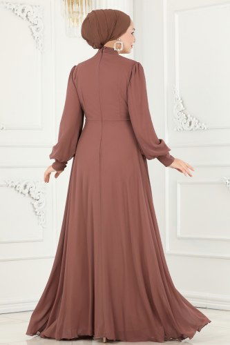 moda selvim 52868ALM181 بودرة مع فيزيون فساتين سهره - Thumbnail