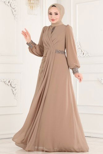 moda selvim 52869ALM181 لون البيج فساتين سهره - Thumbnail