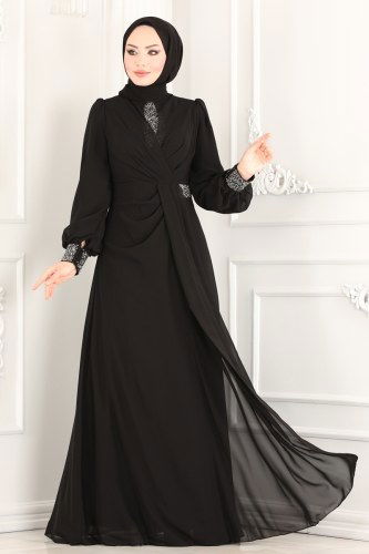 moda selvim 52869ALM181 اسود فساتين سهره - Thumbnail