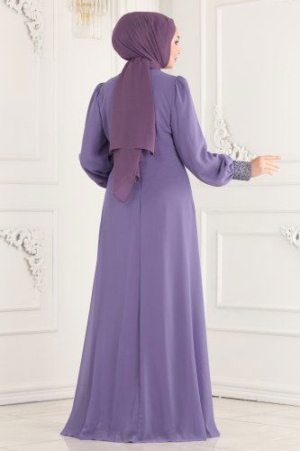 moda selvim 52869ALM181 ارجواني فاتح فساتين سهره - Thumbnail