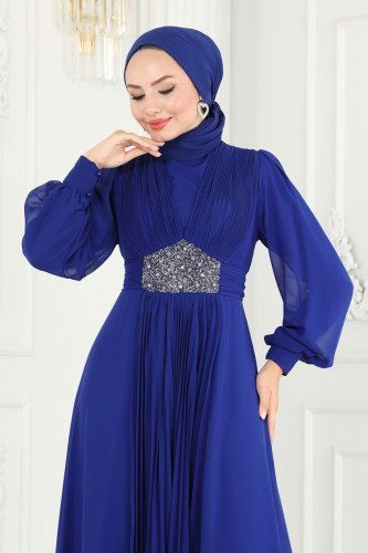 moda selvim Evening Wear 52872ALM181 Saxon Blue - Thumbnail