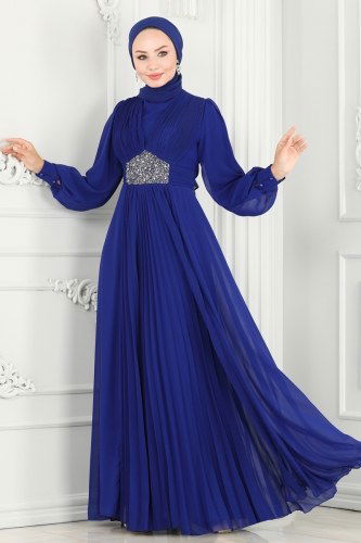 moda selvim 52872ALM181 ازرق فساتين سهره - Thumbnail