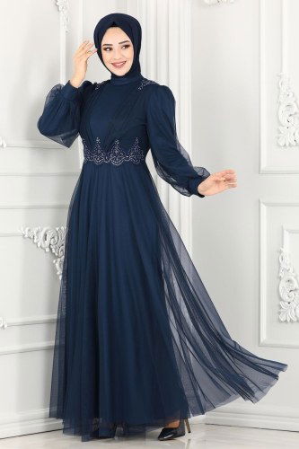 moda selvim Evening Wear 5359AB368 Navy Blue - Thumbnail