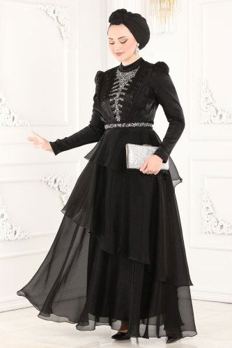 moda selvim 5379AB368 اسود فساتين سهره - Thumbnail