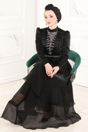 moda selvim 5379AB368 اسود فساتين سهره - Thumbnail