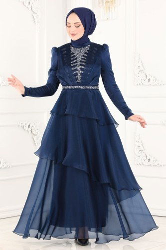 moda selvim Evening Wear 5379AB368 Navy Blue - Thumbnail
