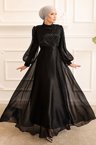 moda selvim 5741AB368 اسود فساتين سهره - Thumbnail