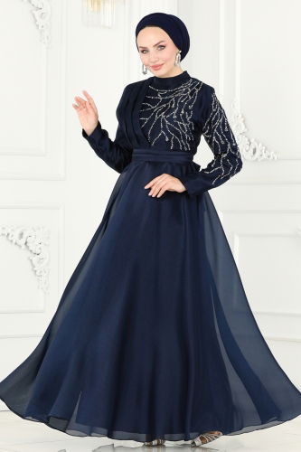 moda selvim Evening Wear 5743AB368 Navy Blue - Thumbnail