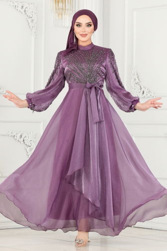 moda selvim Evening Wear 5794AB368 Lilac - Thumbnail