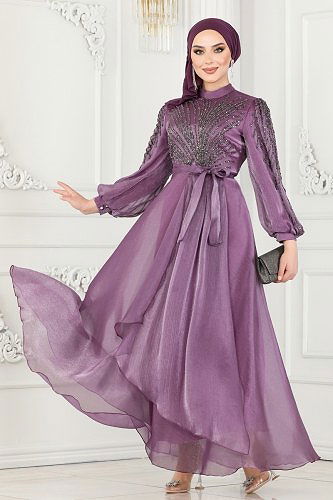 moda selvim Evening Wear 5794AB368 Lilac - Thumbnail