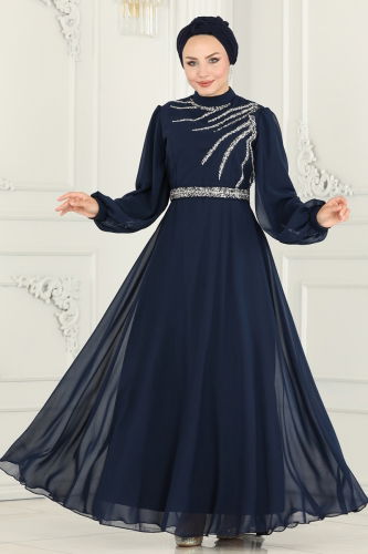 moda selvim Evening Wear 6025LPN858 Navy Blue - Thumbnail