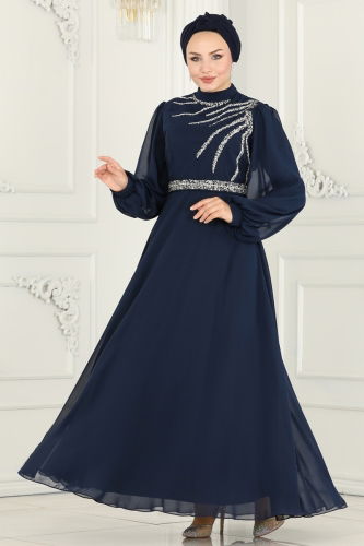 moda selvim Evening Wear 6025LPN858 Navy Blue - Thumbnail