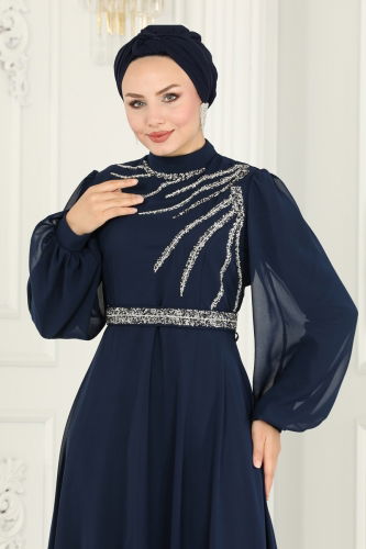 moda selvim Evening Wear 6025LPN858 Navy Blue - Thumbnail