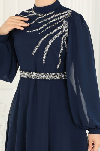 moda selvim Evening Wear 6025LPN858 Navy Blue - Thumbnail