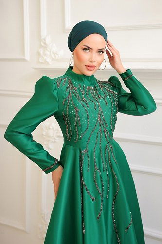 moda selvim 6357YG95 الزيتي فساتين سهره - Thumbnail