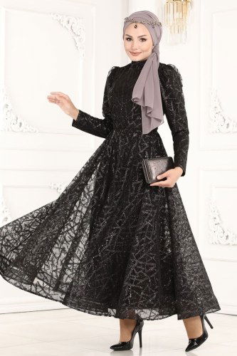 moda selvim 6421YG95 أسود فساتين سهره - Thumbnail