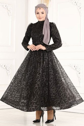 moda selvim 6421YG95 أسود فساتين سهره - Thumbnail