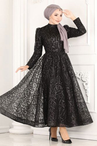 moda selvim 6421YG95 أسود فساتين سهره - Thumbnail