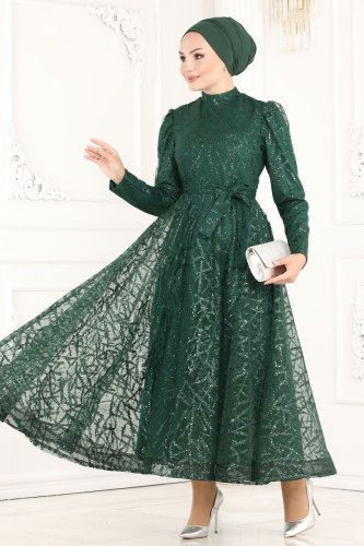moda selvim 6421YG95 الزيتي فساتين سهره - Thumbnail