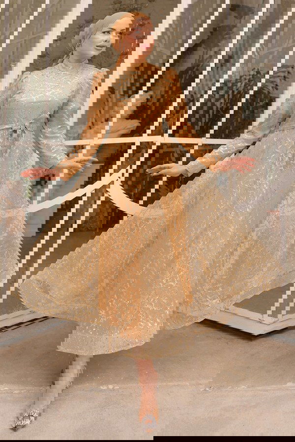 Modaselvim خصم صافٍ20%+20% في سلة التسوق 6421YG95 الذهبي فساتين سهره