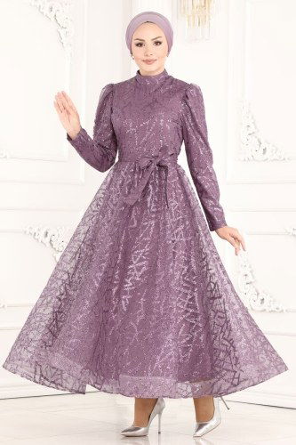 moda selvim 6421YG95 ارجواني فاتح فساتين سهره - Thumbnail
