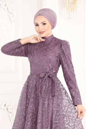 moda selvim 6421YG95 ارجواني فاتح فساتين سهره - Thumbnail