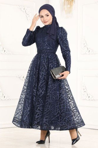 moda selvim Evening Wear 6421YG95 Navy Blue - Thumbnail