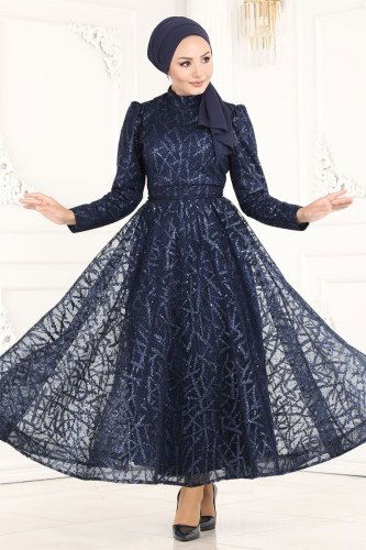 moda selvim Evening Wear 6421YG95 Navy Blue - Thumbnail