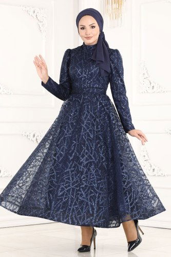 moda selvim Evening Wear 6421YG95 Navy Blue - Thumbnail