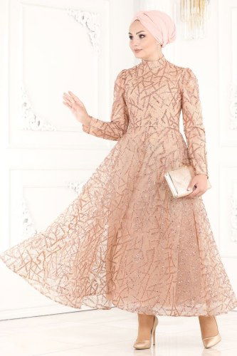moda selvim 6421YG95 مرجاني فساتين سهره - Thumbnail
