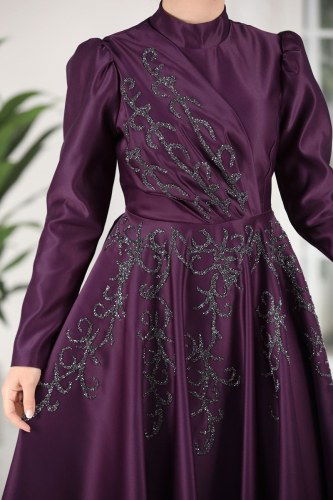moda selvim 6435YG95 ارجواني فساتين سهره - Thumbnail