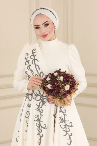 moda selvim 6435YG95 لون بيج فاتح فساتين سهره - Thumbnail