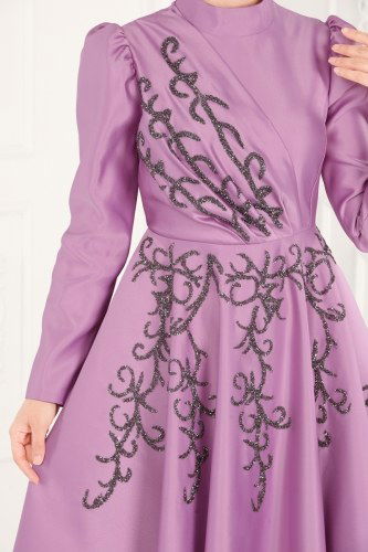 moda selvim 6435YG95 ارجواني فاتح فساتين سهره - Thumbnail