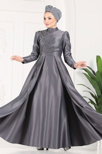 moda selvim 6448YG95 الفضي فساتين سهره - Thumbnail