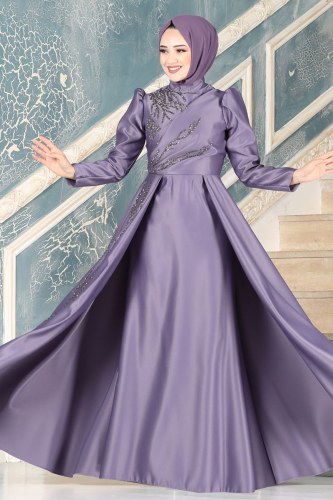 moda selvim 6448YG95 ارجواني فاتح فساتين سهره - Thumbnail