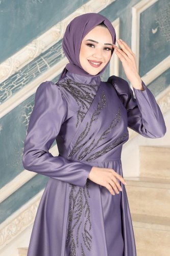 moda selvim 6448YG95 ارجواني فاتح فساتين سهره - Thumbnail