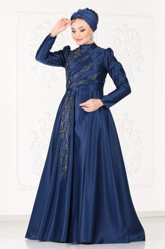 moda selvim 6448YG95 كحلي فساتين سهره - Thumbnail