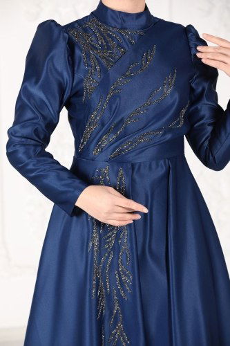 moda selvim 6448YG95 كحلي فساتين سهره - Thumbnail