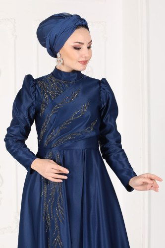 moda selvim 6448YG95 كحلي فساتين سهره - Thumbnail