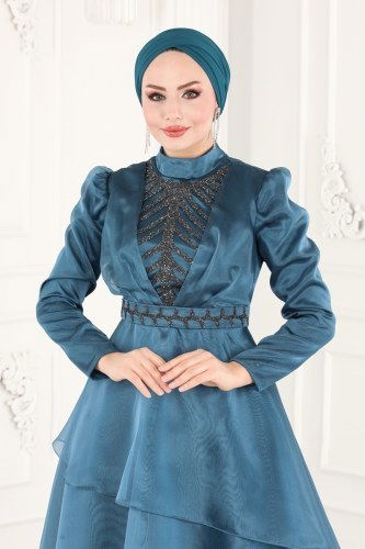moda selvim 6449YG95 سماوي فساتين سهره - Thumbnail