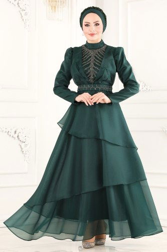 moda selvim 6449YG95 الزيتي فساتين سهره - Thumbnail