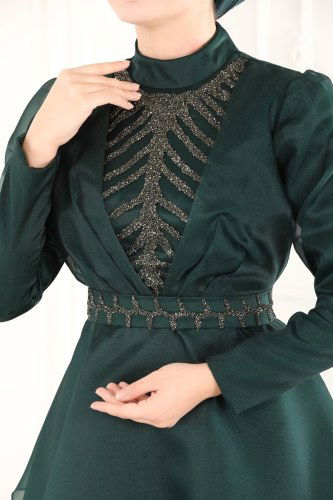 moda selvim 6449YG95 الزيتي فساتين سهره - Thumbnail