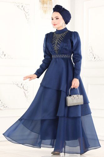 moda selvim Evening Wear 6449YG95 Navy Blue - Thumbnail