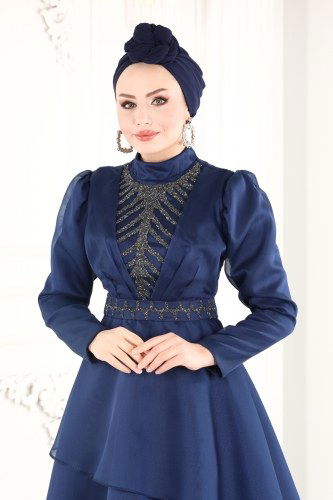 moda selvim 6449YG95 كحلي فساتين سهره - Thumbnail