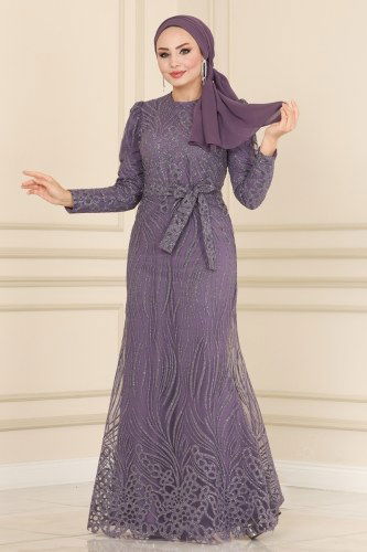 moda selvim 6453YG95 لافندر فساتين سهره - Thumbnail