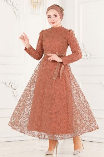 moda selvim 6454YG95 مرجاني فساتين سهره - Thumbnail