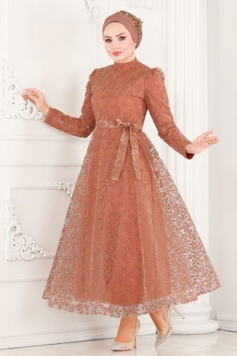 moda selvim 6454YG95 مرجاني فساتين سهره - Thumbnail